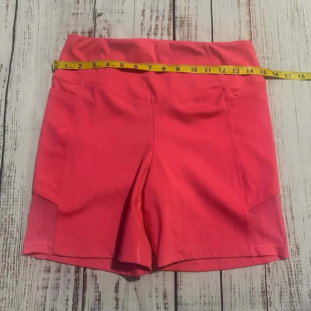 PINK Active High-Waisted Mesh Panel Biker Shorts with Pockets - Neon Pink